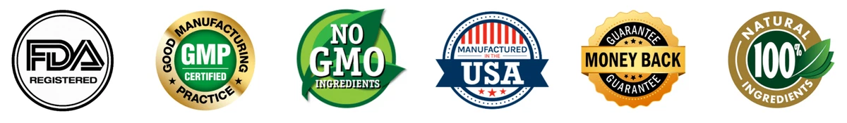 HepatoBurn supplement certifications including FDA registered, GMP certified, non-GMO, made in USA, 100% natural ingredients, and money-back guarantee