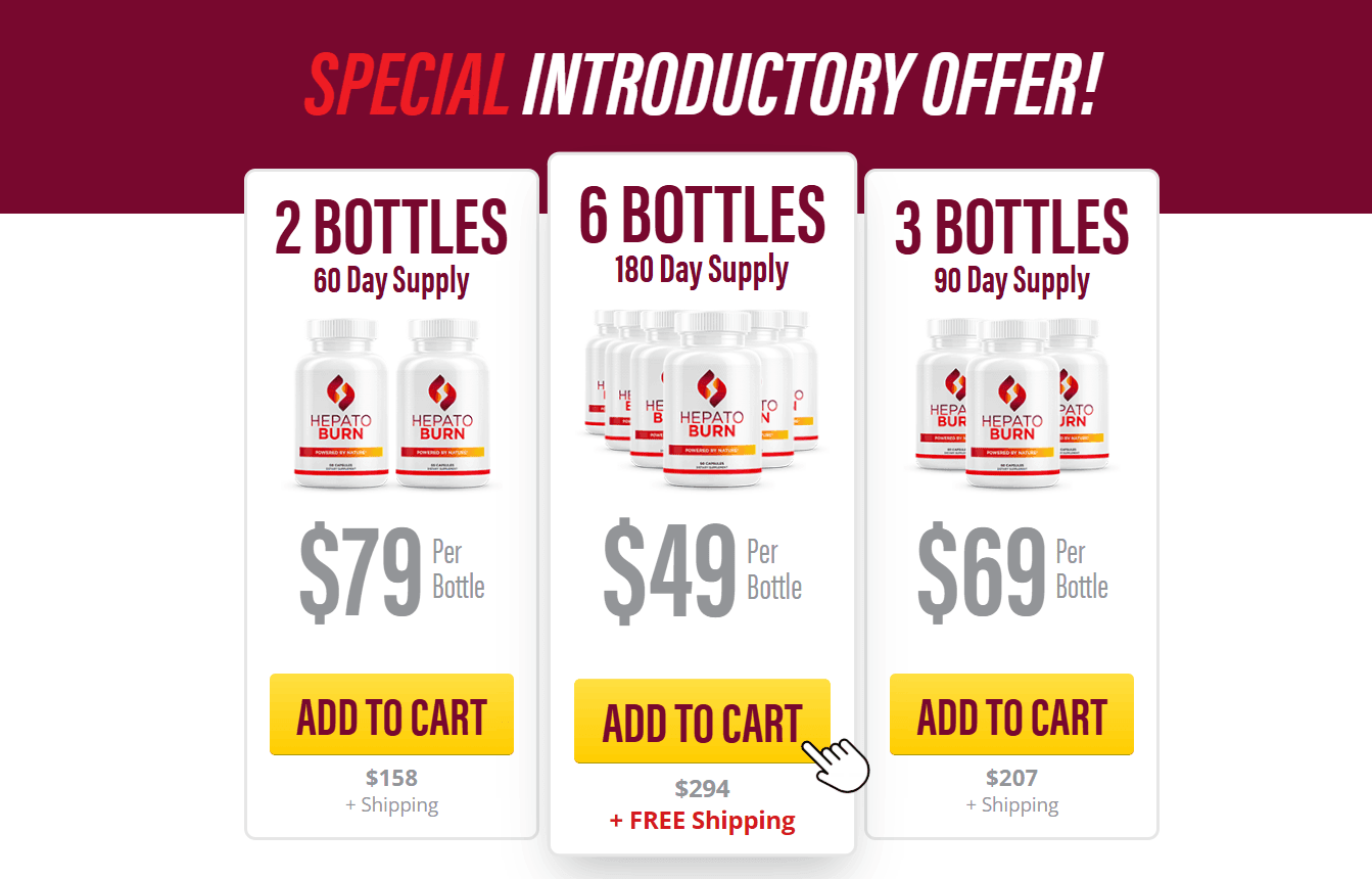 HepatoBurn supplement special introductory offer – choose from 2, 3, or 6 bottle plans with pricing and add to cart options